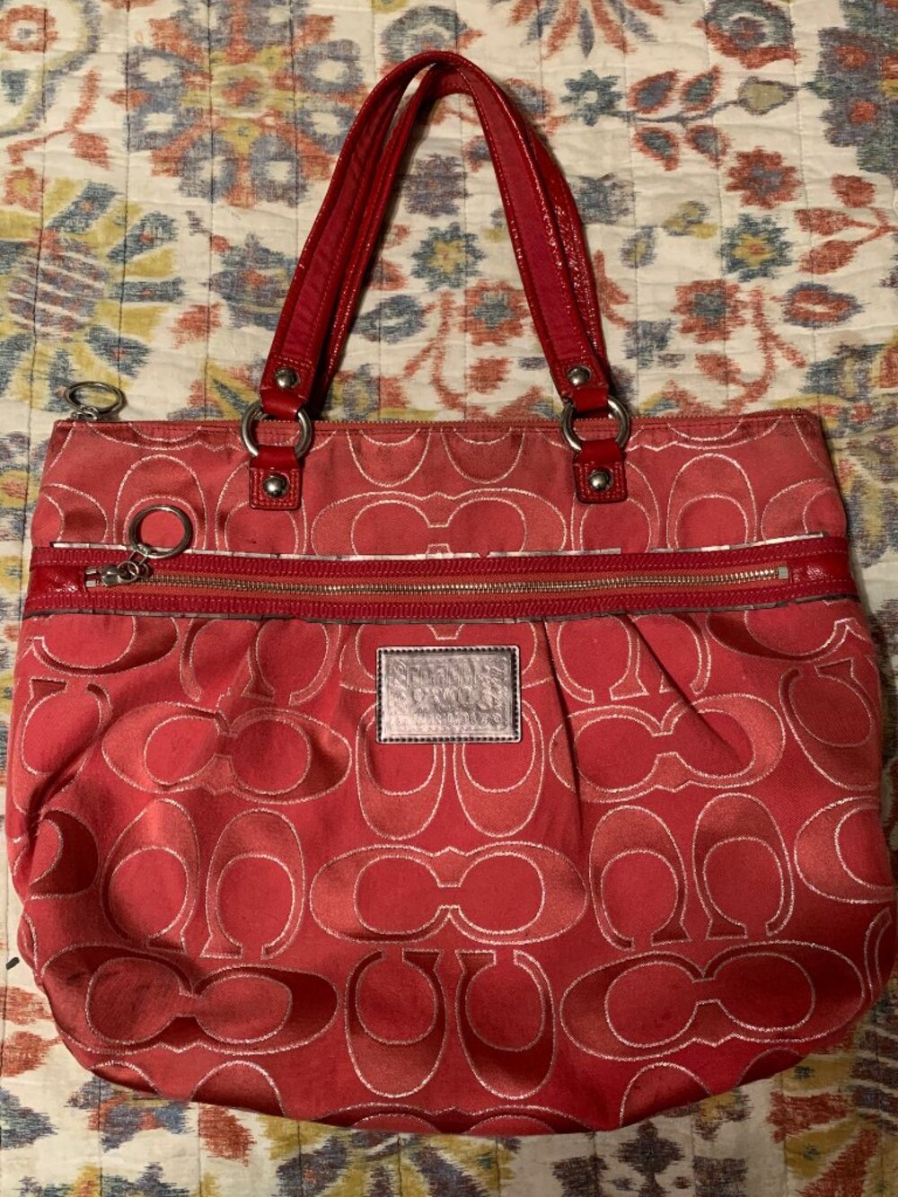 Coach Poppy Ruby Pink Signature C Canvas Tote With Leather Trim